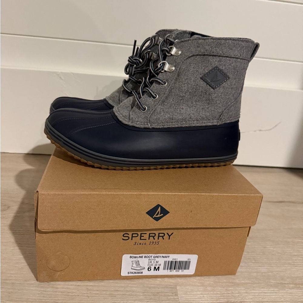 Boys blue and grey sperry boots size 6
